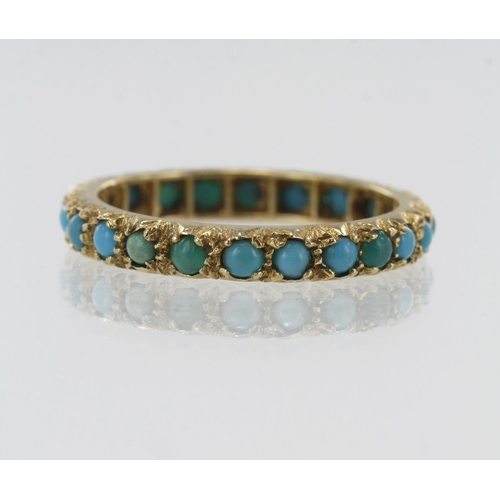 100 - Yellow gold (tests 9ct) vintage turquoise full eternity ring, turquoise cabochons approx. 2mm each, ... 