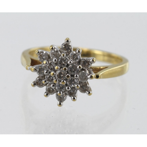 101 - 18ct yellow gold diamond cluster ring, nineteen round brilliant cut diamnds TDW approx 0.38ct, finge... 