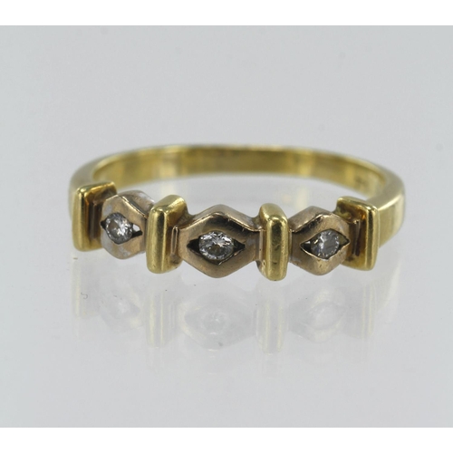 109 - Yellow gold (tests 18ct) diamond trilogy ring, three round brilliant cuts TDW approx. 0.19ct, finger... 