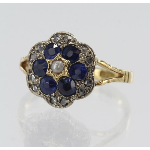 111 - Yellow gold (tests 18ct) vintage diamond, sapphire and pearl cluster ring,  one seed pearl surrounde... 