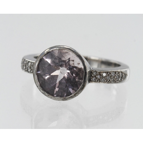 112 - 18ct white gold diamond and morganite dress ring, round morganite measures approx. 10mm, diamond set... 