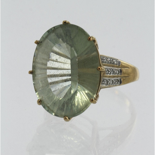 118 - 9ct yellow gold diamond and prasiolite cocktail ring, prasiolite measures 20mm x 15mm, shoulders hig... 