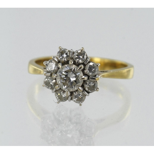 129 - Yellow gold (tests 18ct) diamond daisy cluster ring, eight round brilliant cuts, TDW approx. 0.79ct,... 