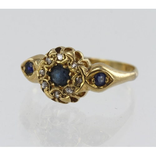 133 - 18ct yellow gold antique diamond and sapphire cluster ring, three round sapphires, principle measure... 