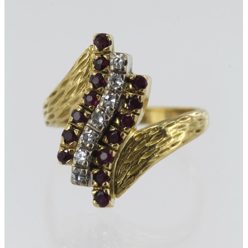 136 - Yellow gold (tests 18ct) diamond and ruby dress ring, one row of single cut diamonds TDW approx. 0.1... 