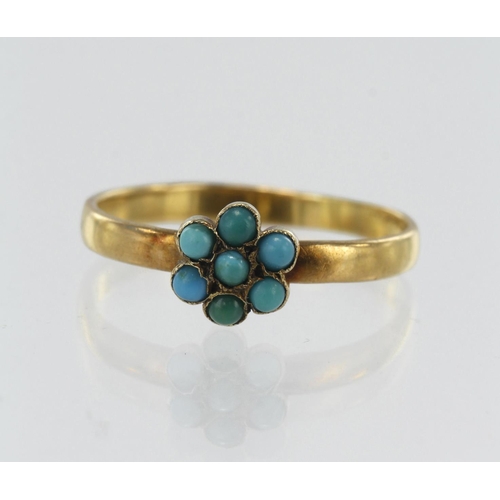 137 - Yellow gold (tests 18ct) vintage turquoise daisy cluster ring, head measures 7mm, finger size N, wei... 