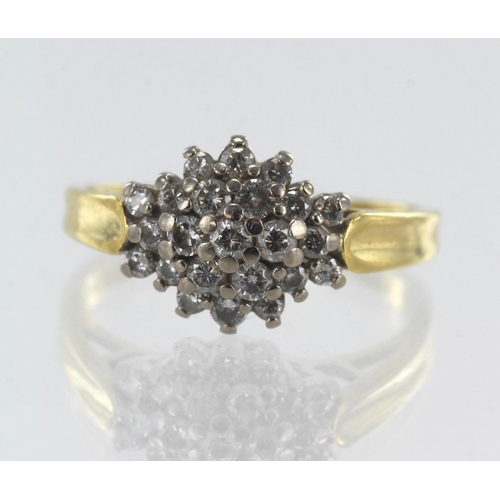 14 - 18ct yellow gold diamond cluster ring, set with twenty-three round brilliant cuts, TDW approx. 0.50c... 
