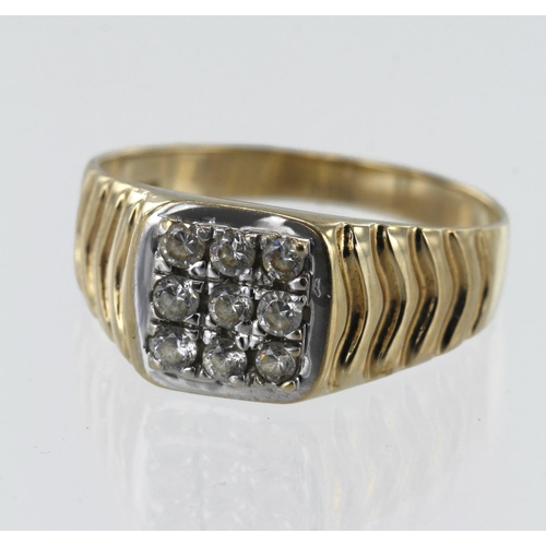 147 - 9ct yellow gold CZ cluster signet ring, table measures approx. 11mm, finger size Z+2, weight 6.2g.