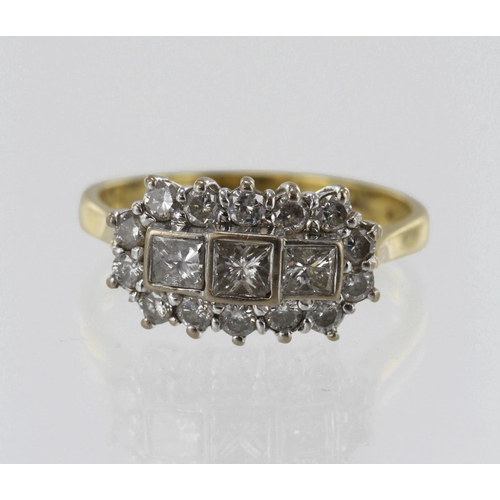 15 - 18ct yellow gold diamond trilogy cluster ring, TDW approx. 0.97ct, three graduating princess cut dia... 