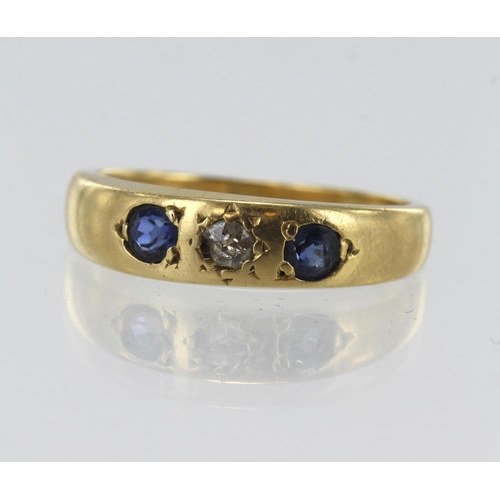 150 - Yellow gold (tests 18ct) diamond and sapphire gypsy ring, old cut diamond approx. 0.03ct, two round ... 