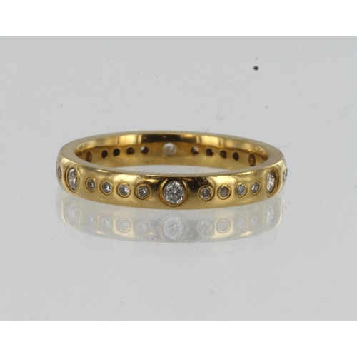 153 - Yellow gold (tests 18ct) diamond full eternity ring, Roman set round brilliants TDW approx. 0.24ct, ... 