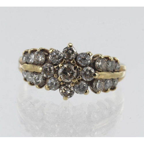 157 - 9ct yellow gold diamond cluster ring, twenty-one round brilliant cuts TDW approx. 0.80ct, head width... 