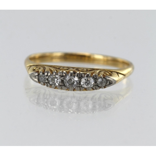 158 - Yellow gold (tests 14ct) diamond boat shaped ring, five graduating diamonds TDW approx. 0.12ct, fing... 