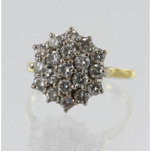 160 - 18ct yellow gold diamond cluster ring, nineteen round brilliant cuts TDW approx. 0.95ct, head measur... 