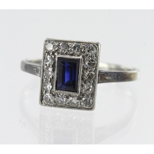 170 - White gold (tests 18ct) vintage diamond and synthetic sapphire cluster ring, step cut syn. sapphire ... 