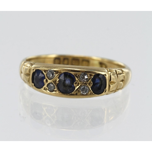 171 - 18ct yellow gold antique diamond and sapphire boat shaped ring, three graduating oval sapphires, pri... 