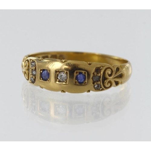 172 - 18ct yellow gold Edwardian diamond and sapphire ring, two round sapphires approx. 2mm each, principl... 