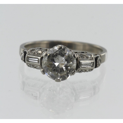 175 - White gold (tests 18ct) Art Deco diamond solitaire ring, one round brilliant cut approx. 1.30ct, est... 