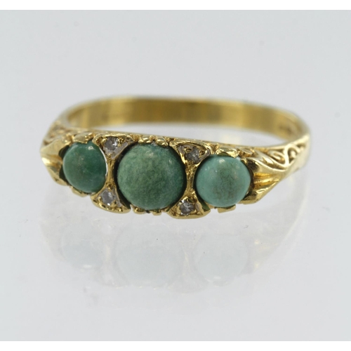 185 - 18ct yellow gold diamond and turquoise boat shaped ring, three round cabochon turquoise principle me... 