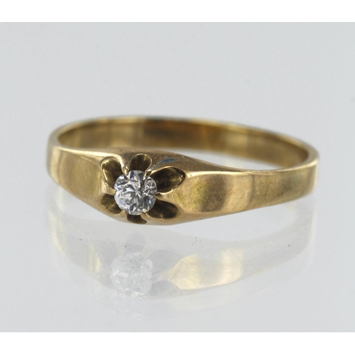 187 - Yellow gold (tests 9ct) diamond solitaire, one old cut diamond approx. 0.13ct, scalloped claw set, f... 