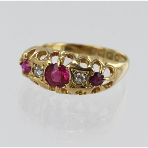 193 - 18ct yellow gold antique diamond and synthetic ruby boat shaped ring, three graduating syn. rubies, ... 