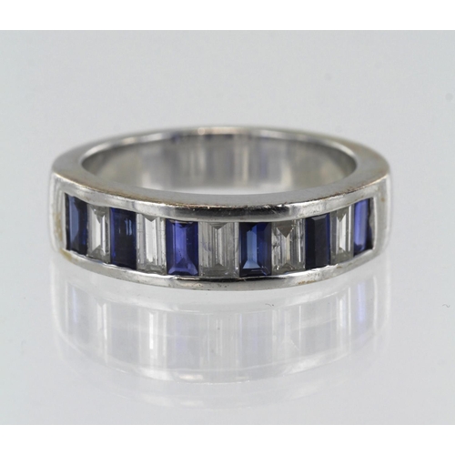 2 - 18ct white gold diamond and sapphire half eternity ring, five baguette cut diamonds, TDW approx. 0.7... 