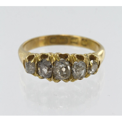 206 - 18ct yellow gold Victorian diamond five stone ring, five graduating old cut diamonds, principle diam... 