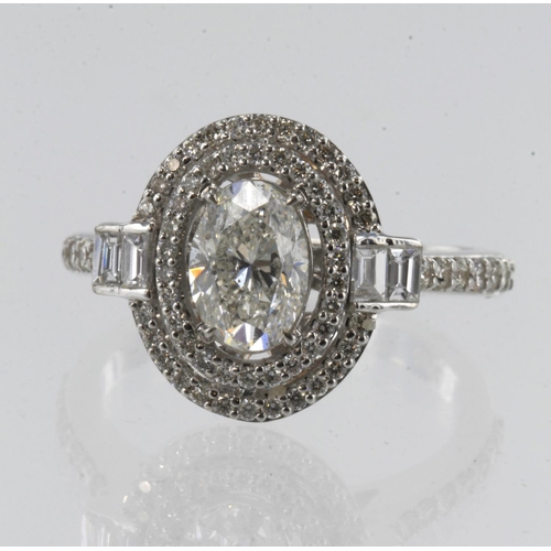 213 - White gold (tests 18ct) diamond double halo ring, TDW approx. 2ct, principle oval brilliant cut appr... 