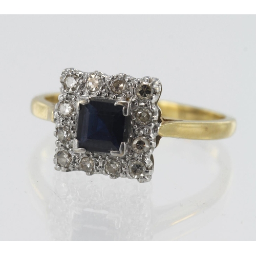 258 - 18ct yellow gold diamond and sapphire cluster ring, one square sapphire approx. 4.5mm, surrounded by... 