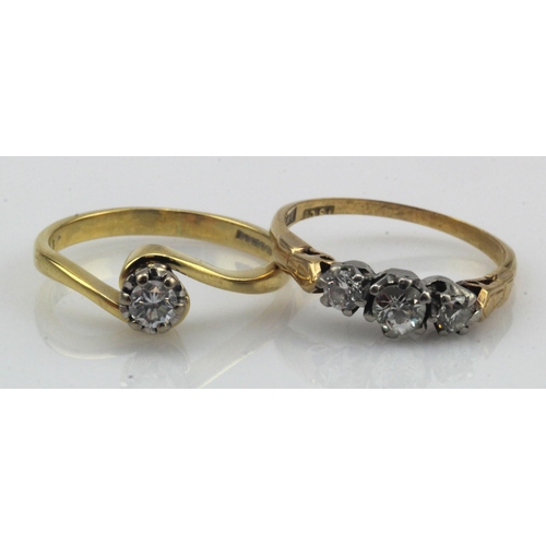 26 - Two 18ct gold/tests 18ct diamond rings, solitaire approx.0.15ct, finger size M/N, trilogy TDW approx... 