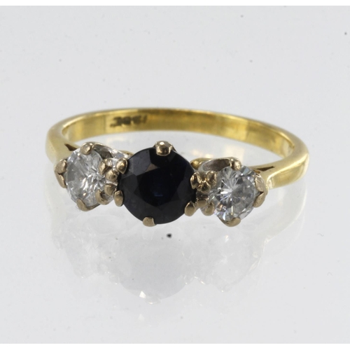 37 - Yellow gold (tests 18ct) diamond and sapphire trilogy ring, one round sapphire approx. 5mm, two roun... 