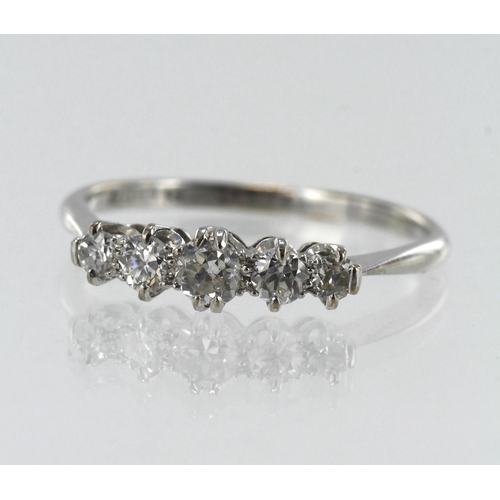38 - White gold (tests 18ct) diamond five stone ring, five graduating old cut diamonds, TDW approx. 0.42c... 