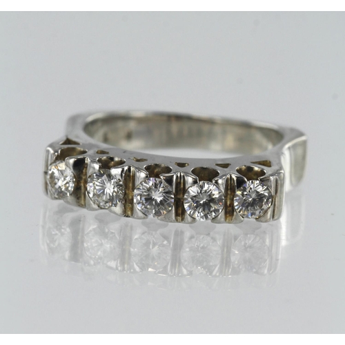 44 - White gold (tests above 14ct) diamond five stone ring, five round brilliant cut diamonds TDW approx.... 