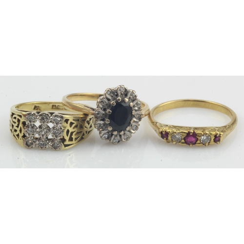 545 - Three 18ct gold/tests 18ct rings, stones include diamond, ruby, sapphire, finger sizes M, P/Qx2, tot... 