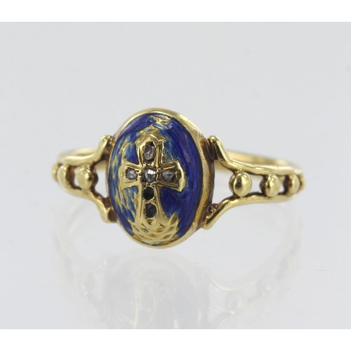 58 - Yellow gold (tests 18ct) 19th Century Catholic rosary ring, rose cut diamond set cross (two missing)... 