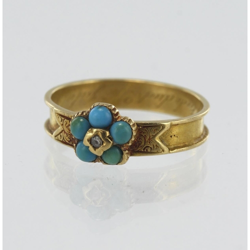 60 - Yellow gold (tests 20ct) Victorian mourning ring, set with a diamond and turquoise daisy cluster, he... 