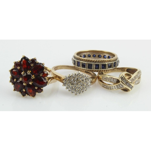 616 - Four 9ct gold rings, stones include diamond, garnet, synthetic sapphire, finger sizes I/J, M x2, N, ... 