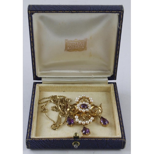 623 - Yellow gold (tests 9ct) amethyst and pearl pendant, four amethysts with cultured pearls, length 55mm... 