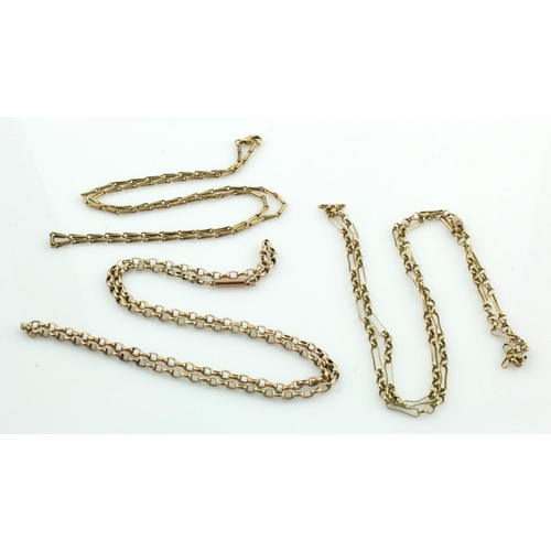 624 - Three 9ct gold/tests 9ct chains, hayseed length 19.5