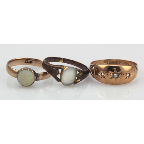 632 - Three 9ct gold/tests 9ct antique/vintage rings, stones include diamond, opal and moonstone, finger s... 