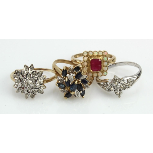 633 - Four 9ct gold/tests 9ct dress rings, stones include diamond, ruby, sapphire and opal, finger sizes L... 