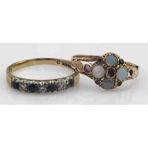 639 - Two 9ct gold/tests 9ct ring, stones include diamond, sapphire, synthetic ruby, opal, finger sizes N,... 