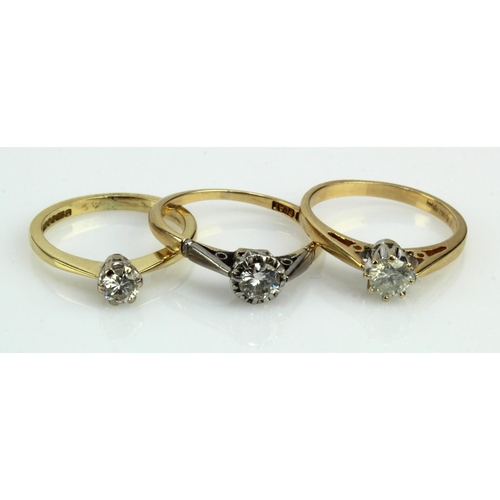 649 - Three 18ct gold/tests 18ct diamond solitaire rings, approx. diamond weights 0.20ct, 0.25ct x2, finge... 