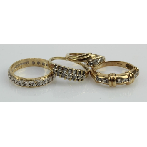 650 - Four 9ct gold diamond rings, finger sizes G/H, M/N, L/M., O/P, total weight 9.7g.