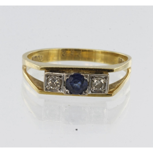 66 - Yellow gold (tests 18ct) diamond and sapphire trilogy ring, two round brilliant cut diamonds TDW app... 