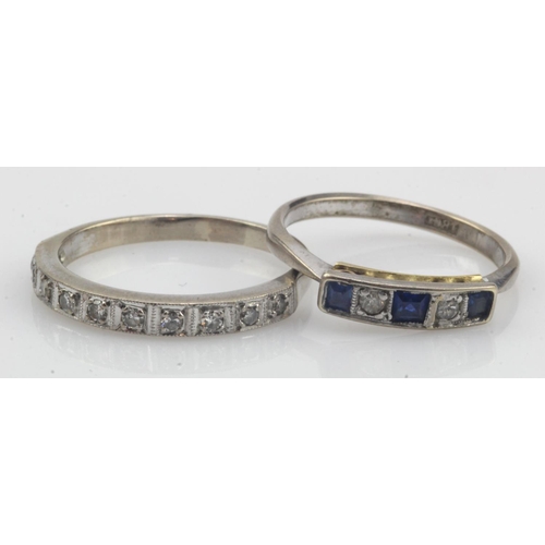 67 - Two white gold (tests 18ct) rings, one diamond half eternity ring, TDW approx. 0.10ct, finger size R... 