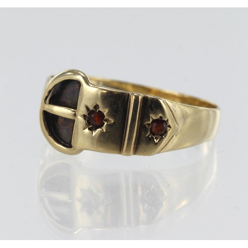 69 - 9ct yellow gold buckle ring, set with two garnets, finger size S, weight 2.7g.