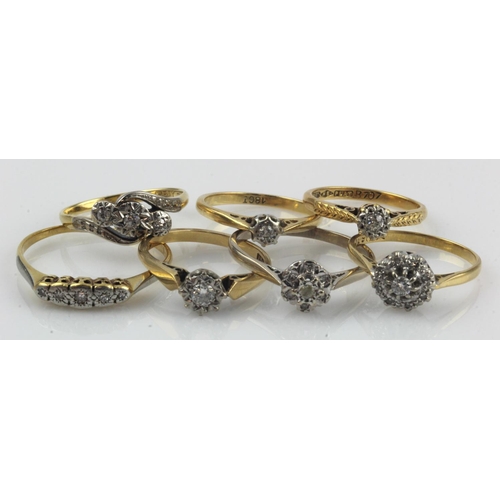 75 - Seven 18ct gold/tests 18ct vintage diamond rings, finger sizes J/K, K/L, M, Ox2, R, V, total weight ... 