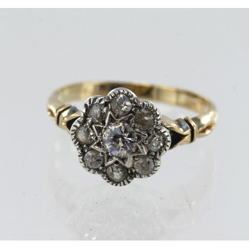 76 - Yellow gold (tests 15ct) diamond daisy cluster ring, one old European cut diamond approx. 0.15ct, su... 