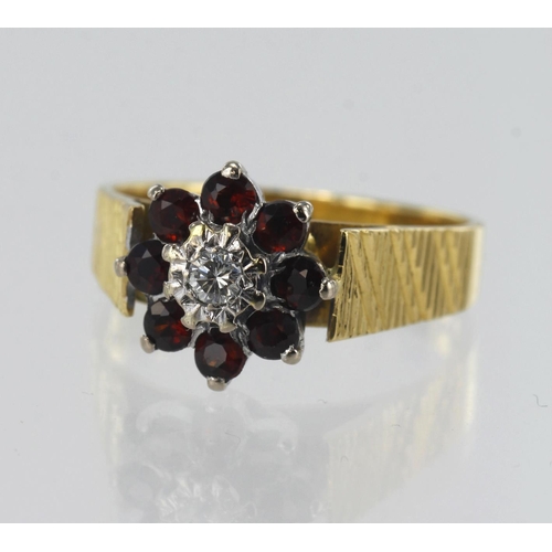 77 - 18ct yellow gold diamond and garnet cluster ring, one round brilliant cut approx. 0.05ct, surrounded... 